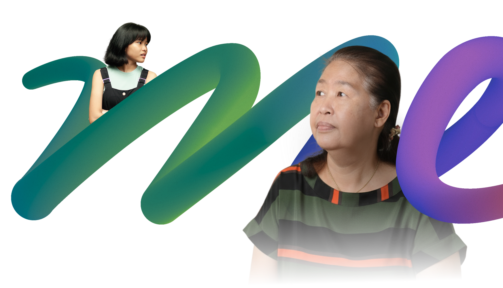 A light yellow background with the headline and body copy text on the left and the “Me” script on the righ in a green to purple gradient. Two women are positioned in the “Me’ script.