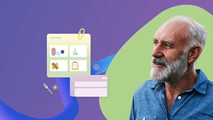 Collage portraying diverse health data types and a longitudinal registry participant for more relevant clinical research.