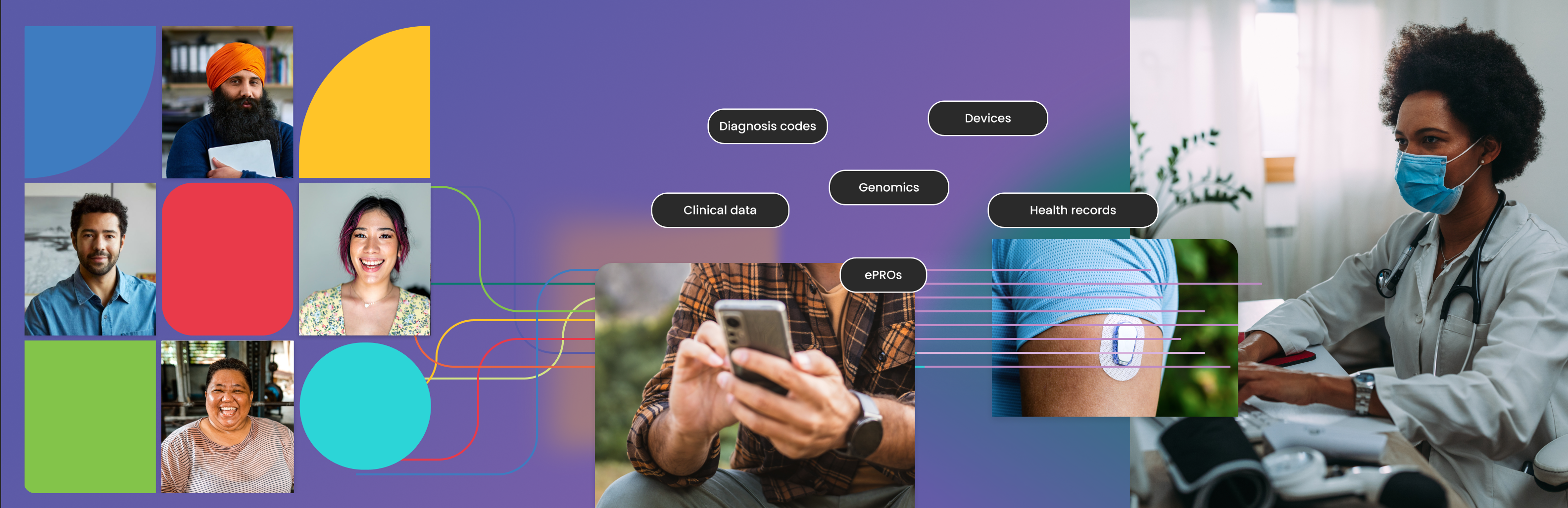 Collage of clinical study participants, a person engaging in research via their mobile phone, diverse health data types, and research coordinators.