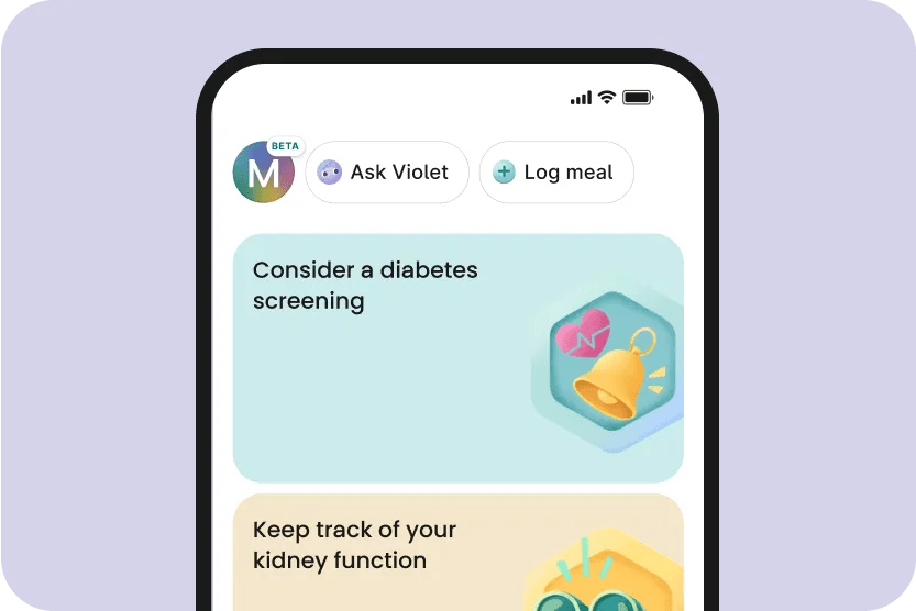 Phone screen shows Verily Me app modules for diabetes screening and tracking kidney function