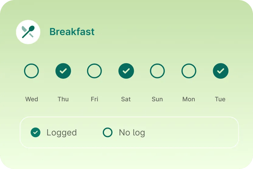 In-app UI of green meal logging screen.