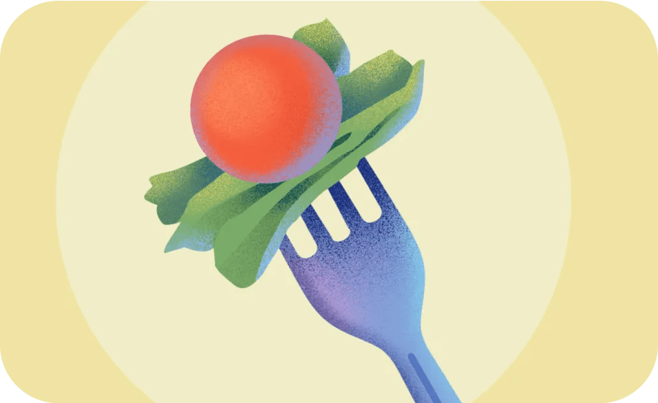Zoomed in illustration of a fork with vegetables on a pale yellow background.