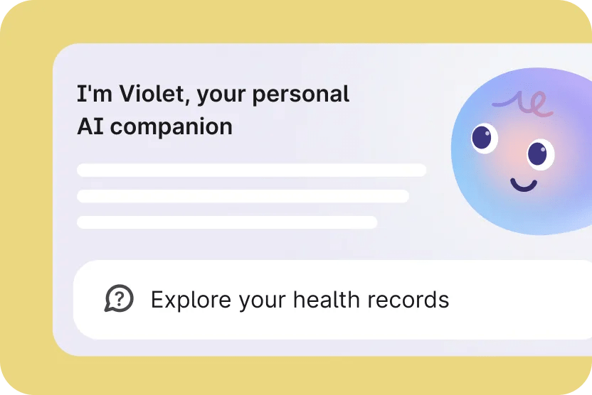 UI of chat conversation with Violet. Large image of Violet in the upper right corner. On a yellow background.