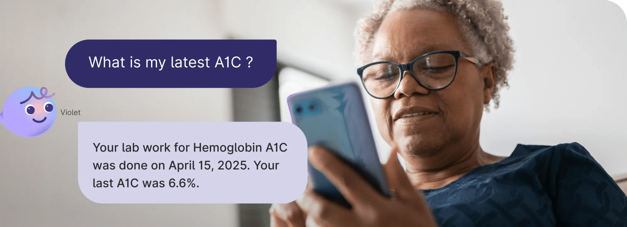 A member Interacting with Violet (AI companion) to check last lab results on the phone. With Visual illustration of the interaction on the image