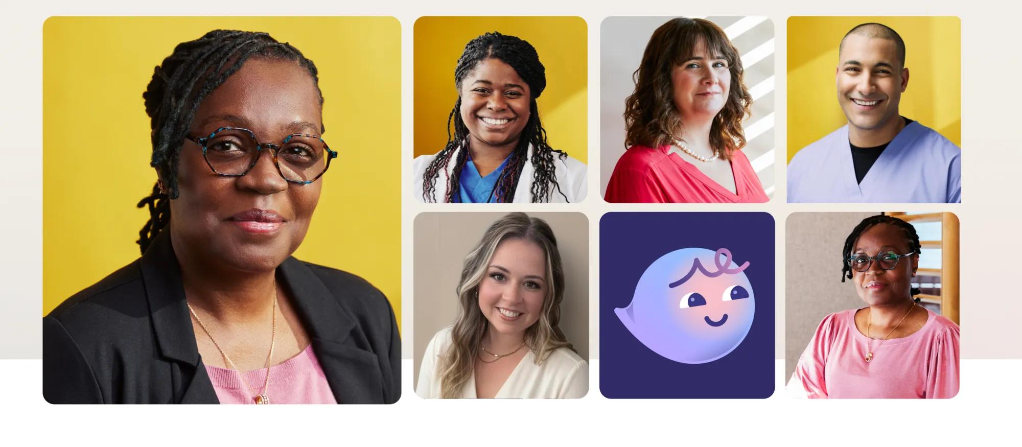 Montage of 6 care providers next to Verily Violet, a stylized glowing digital character representing an AI care companion.