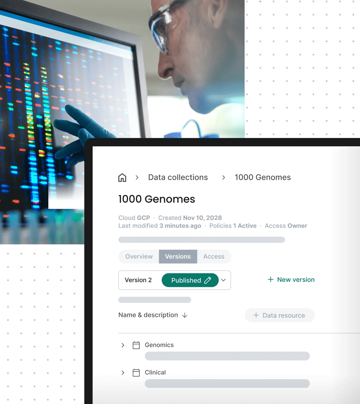 Collage of genomics researcher or computational biologist analyzing data and simulated view of Verily Workbench collaborative TRE that allows easier, more secure data sharing.