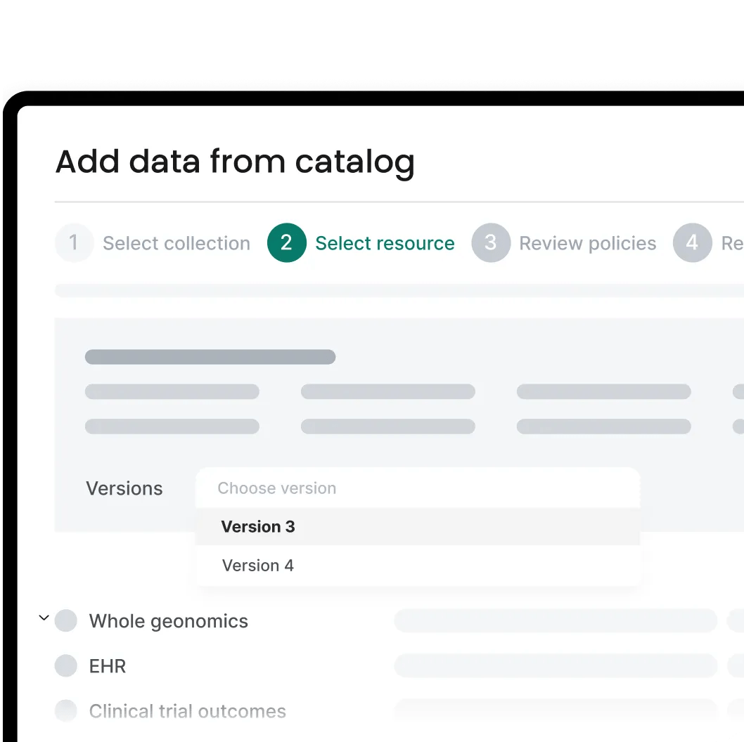 Simulated view of Verily Workbench secure data analytics solution and Trusted Research Environment showing how to add data from data catalog.