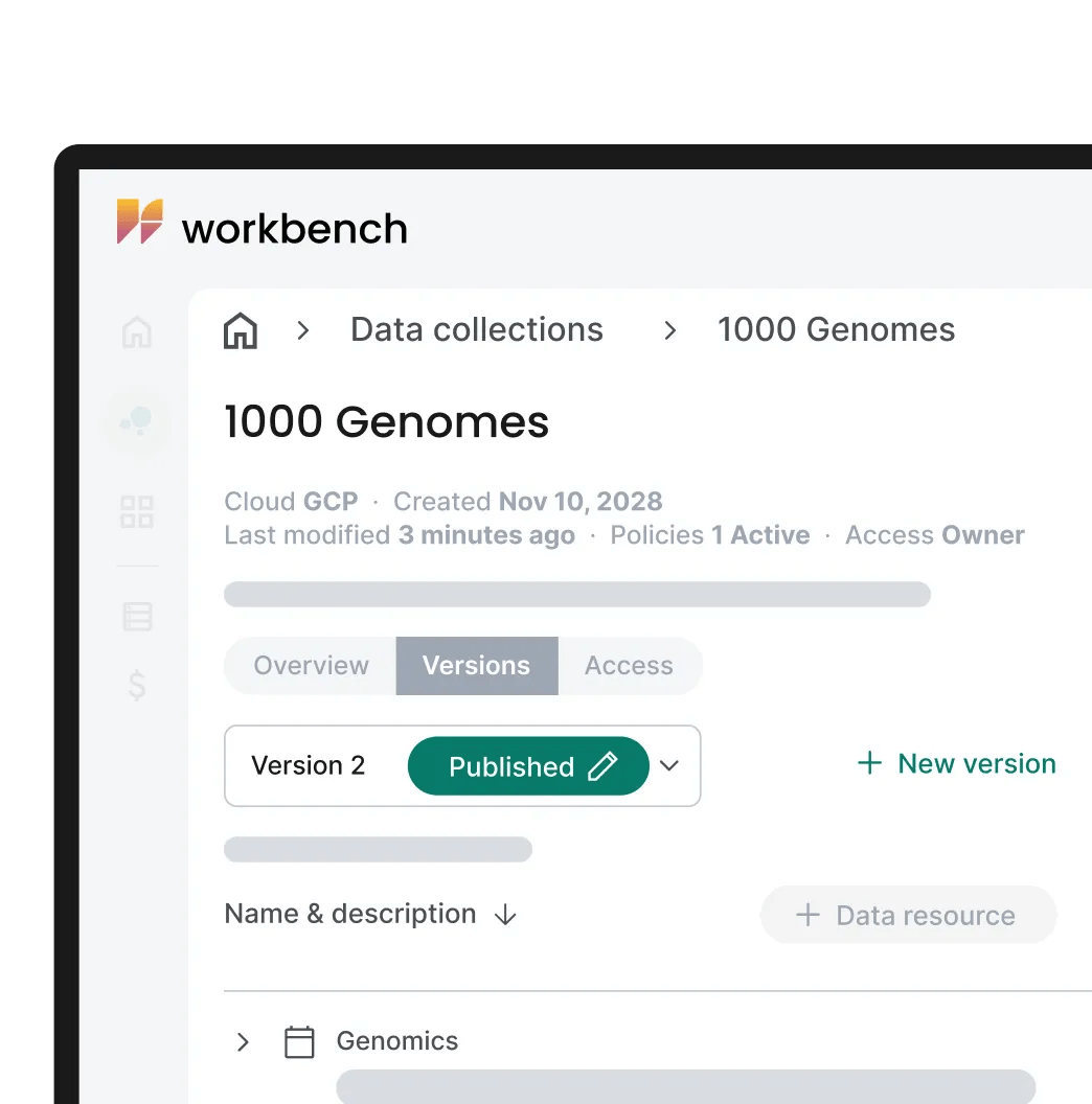 Simulated view of Verily Workbench collaborative research workspaces, showing support for biomedical workflows showing the 1000 Genomes data collection.