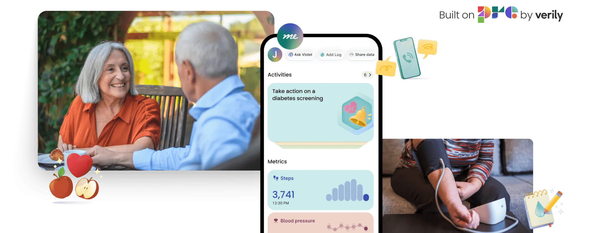 A collage showcasing a Verily Me app dashboard that integrates missions, clinical monitoring, and telehealth support for chronic care management.