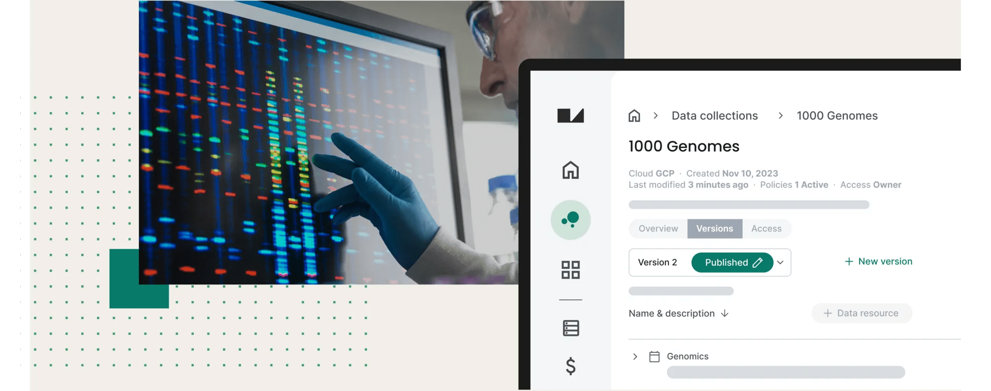 Collage of a bioinformatics researcher and simulated genomic data collection within Verily Workbench data analytics workspace for biomedical research.