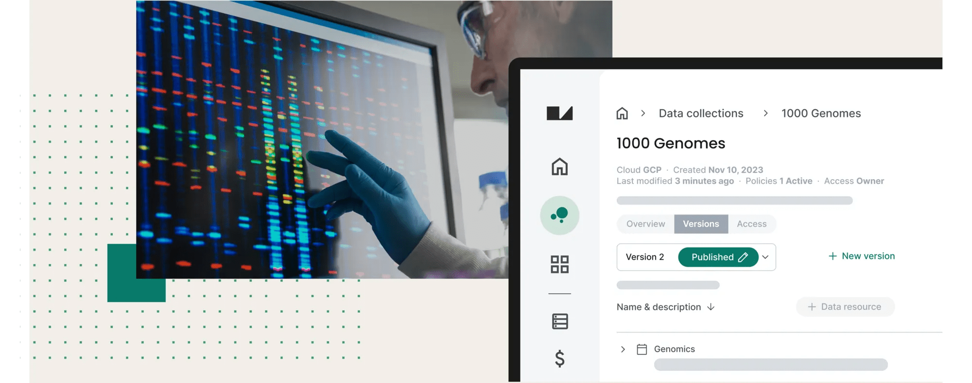 Collage of a bioinformatics researcher and simulated genomic data collection within Verily Workbench data analytics platform for biomedical research.