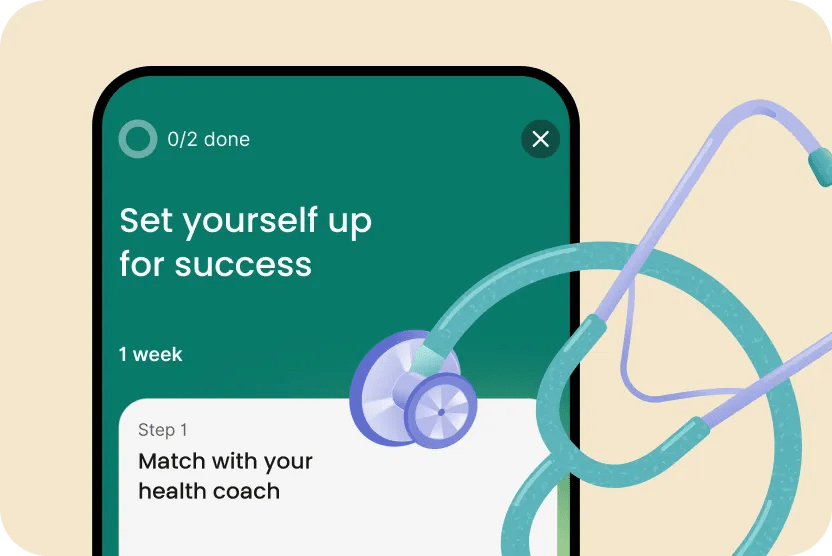 UI of in app mission with step one card and illustration of a stethoscope.