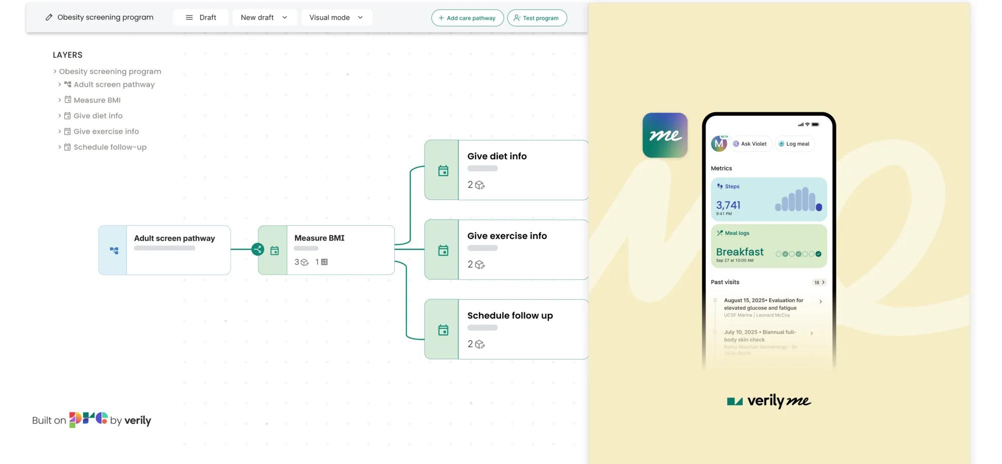 Verily Me user interface and a visual representation of the backend technology for the Obesity screening program.