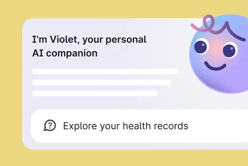 UI of chat conversation with Violet. Large image of Violet in the upper right corner. On a yellow background.
