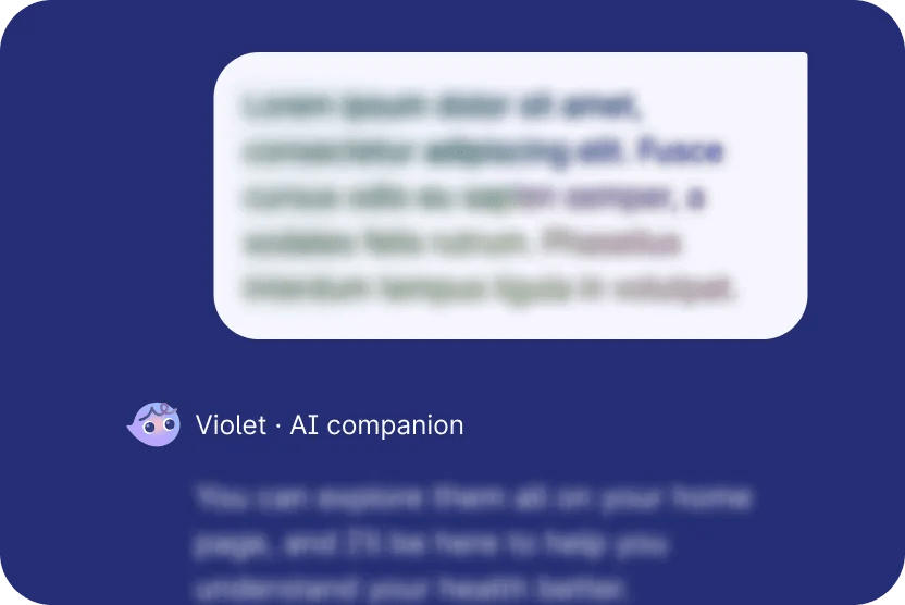 Chat bubbles from conversations with Violet, your AI companion, appear with the text blurred to indicate privacy