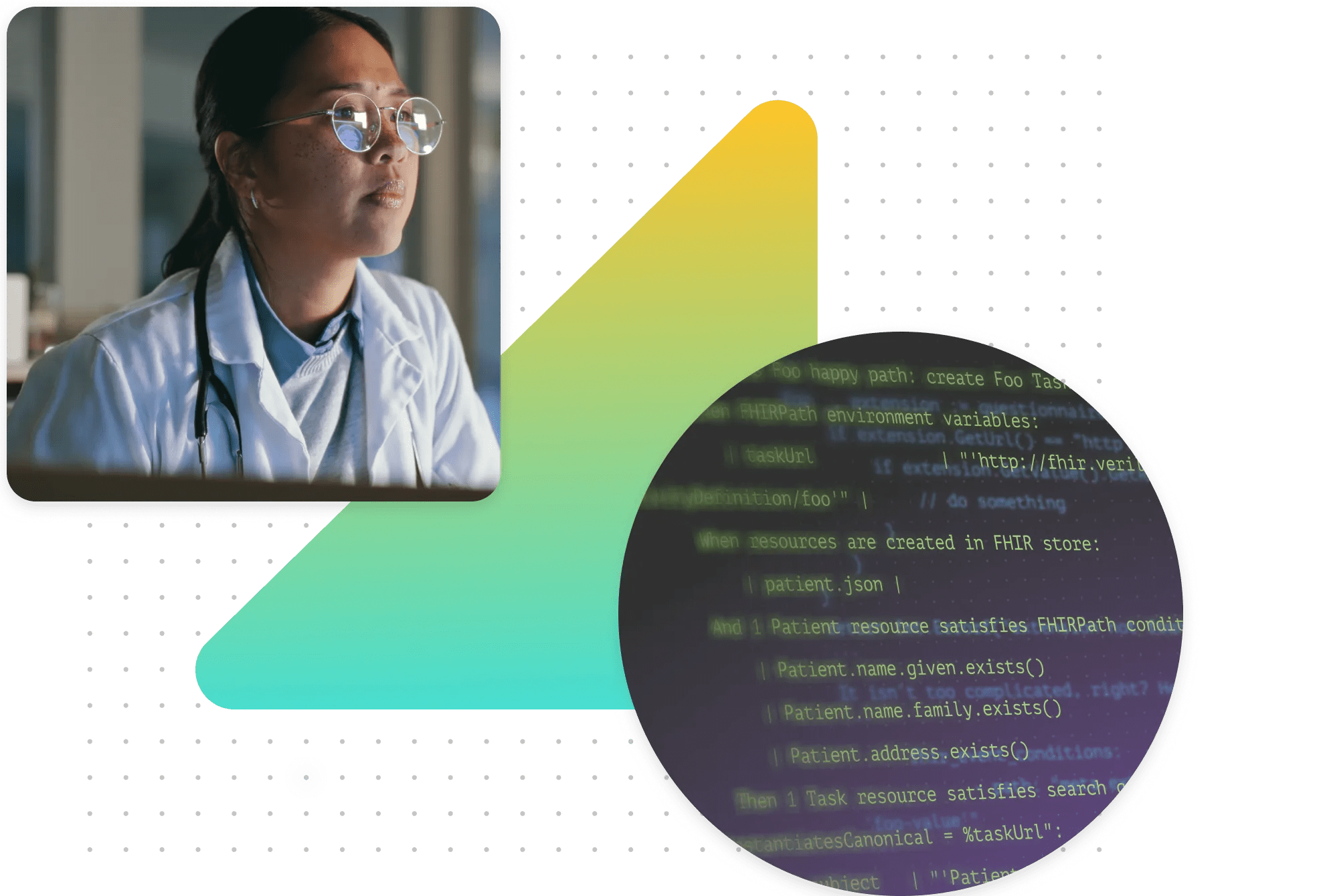 Clinician wearing lab coat looking at screen in square, alongside shaded triangle and circle with data
