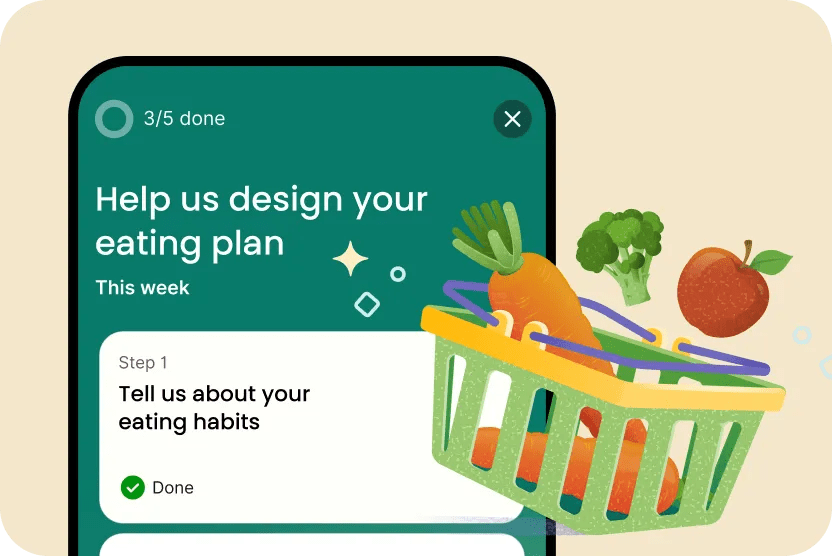 In-app UI of a mission card to create a meal plan. Overlaid on the card and UI is an illustration of a grocery basket with vegetables and fruits inside and above the basket.