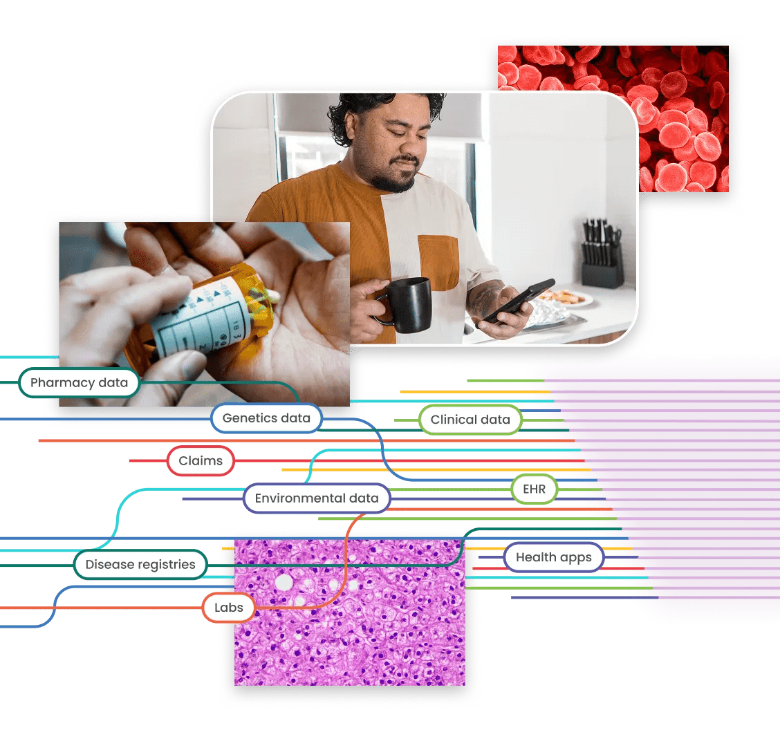 Horizontal carousel with an image of a man checking his phone with an overlay of data fields.