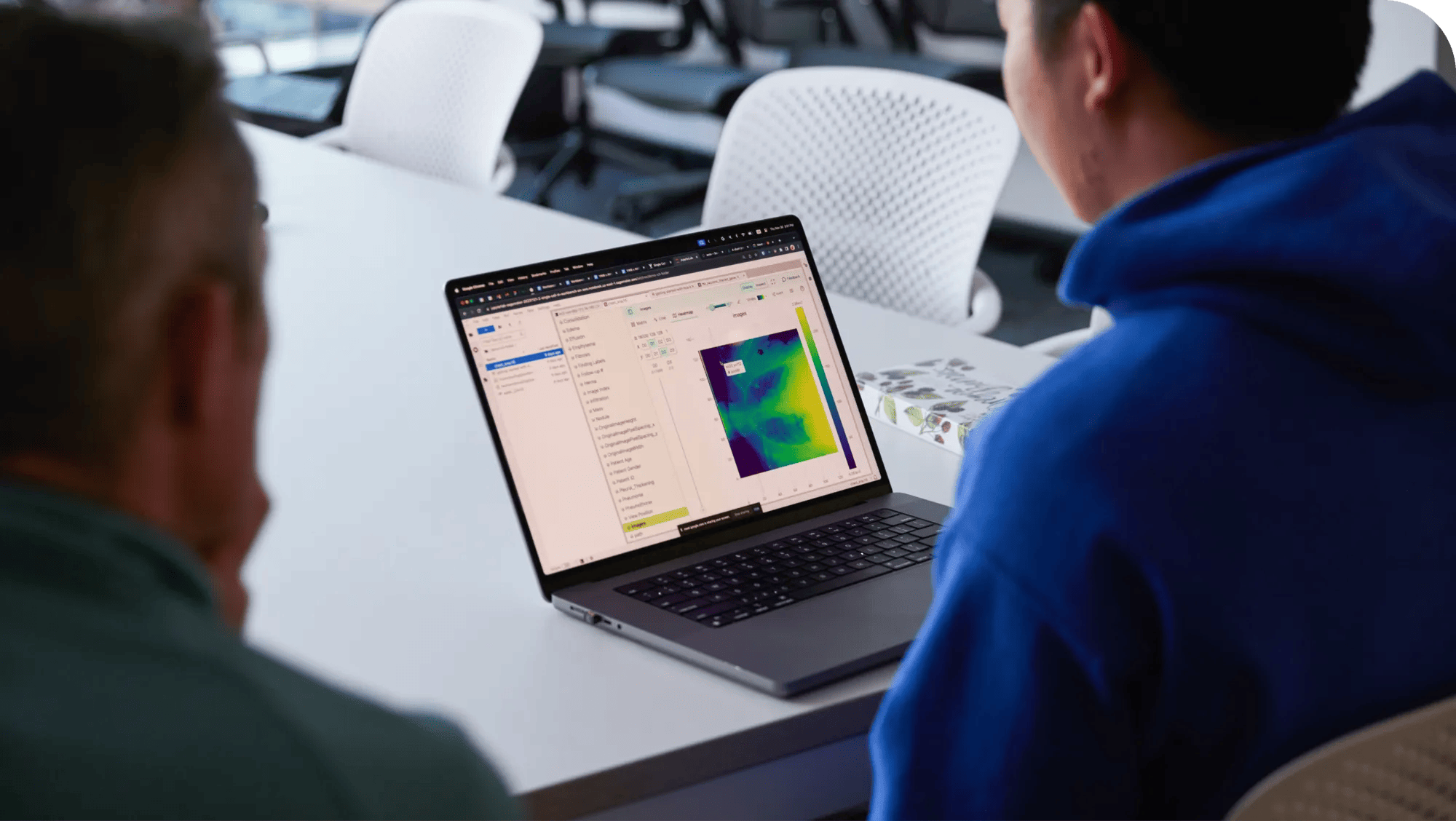Two people seated at a conference table looking at a laptop screen displaying medical imaging software.
