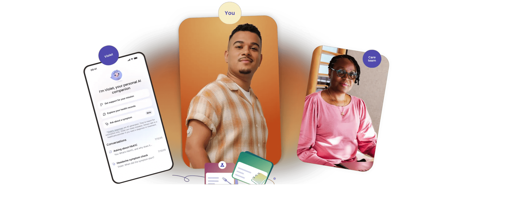 Three panels featuring two photographs (a patient and a care provider) and an illustration of the AI care companion, Violet. 