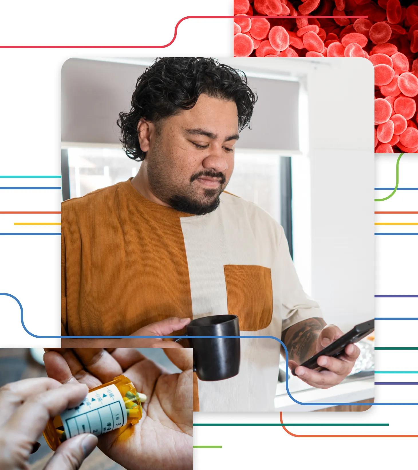 Collage representing different types of health data, like medication adherence data, patient-reported outcomes and a blood sample.