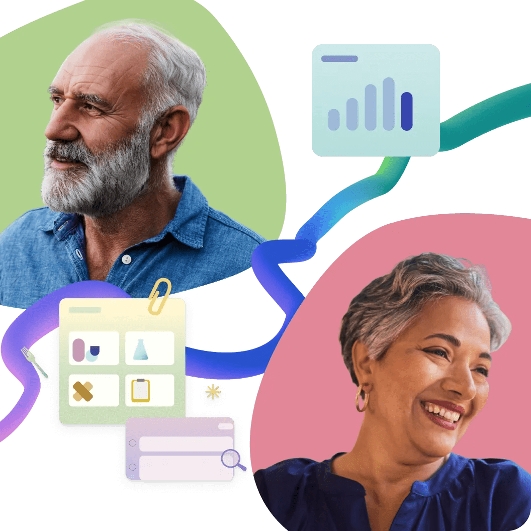 Profile portrait of man, woman looking at camera within design visualization showing shapes, colors, and Verily Me app images.