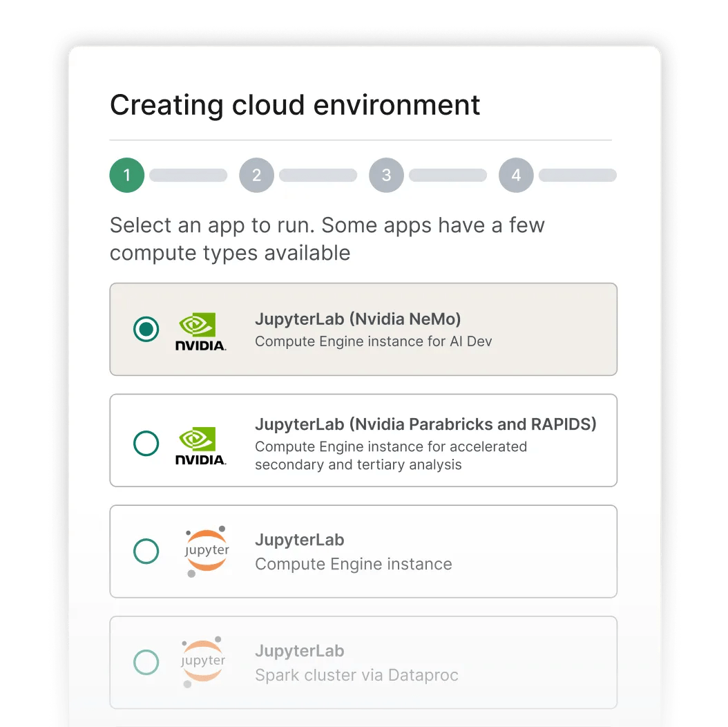 Simulated view of how to create a new cloud environment, or a configurable pool of cloud computing resources, in a Verily Workbench collaborative research workspace.