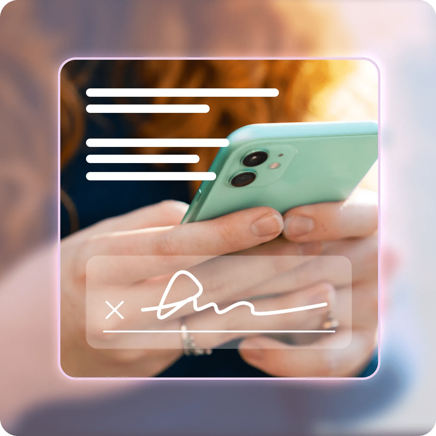 Image of hands holding a phone with an overlay of a consent form.