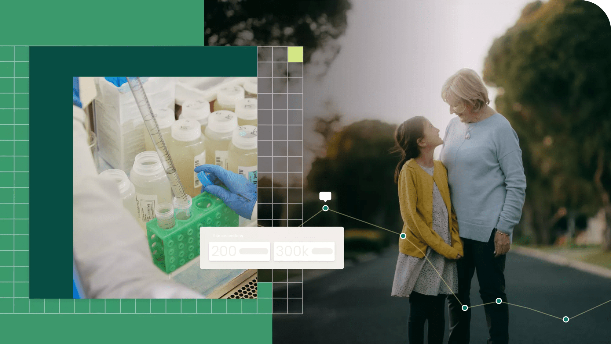 Grandmother and grand daughter looking at each other alongside close up of scientist in gloves working in a lab.