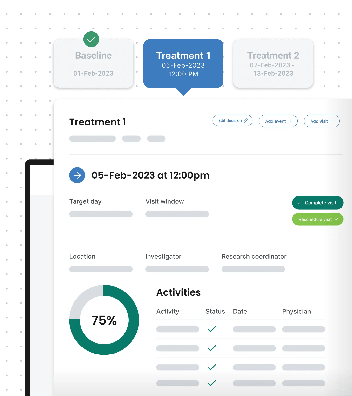 Simulated view of a study intervention and to-date activity tracking for a clinical trial participant within Verily Viewpoint Site CTMS.