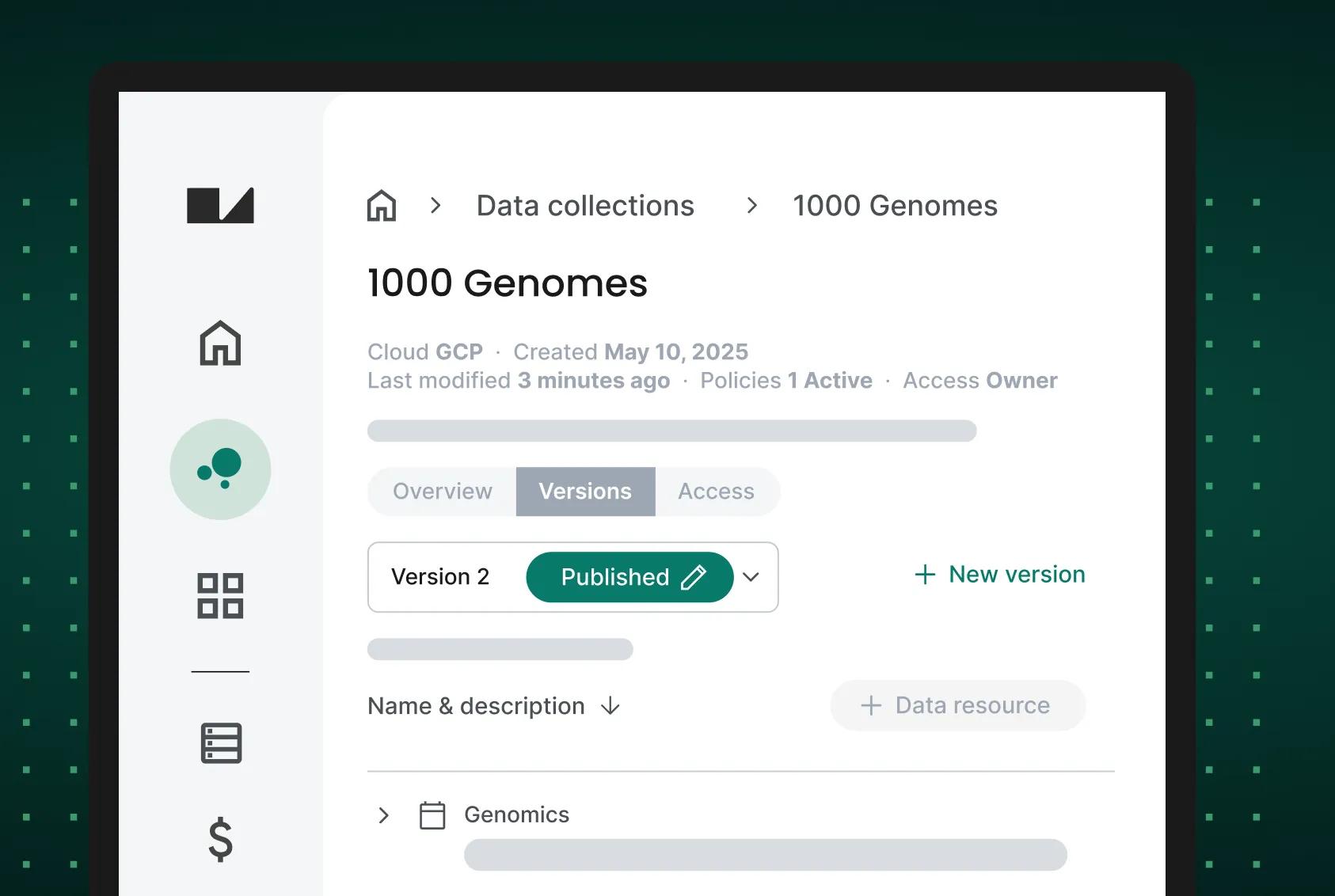 Simulated genomic data collection within Verily Workbench data analytics workspace for biomedical researchers