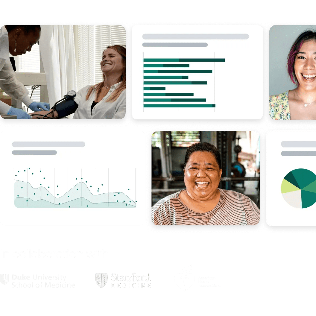 Montage representing Verily’s research including text that says “in collaboration with”, listing Duke University School of Medicine, Stanford Medicine and American Heart Association. Images of two women smiling and graphs representing data.