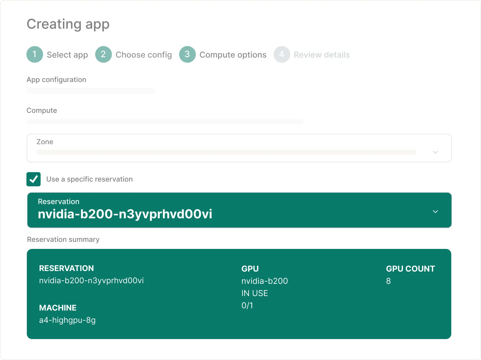 Image of UI for a reservation on Workbench, enabling users to launch a cloud app with modern GPUs