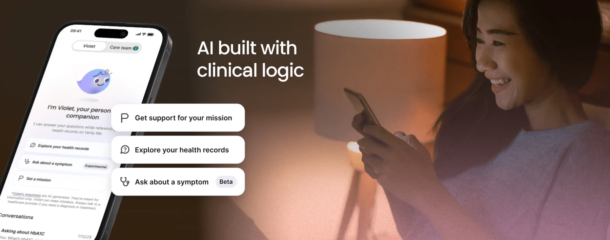 A woman interacts with AI, getting support on setting a mission, exploring health records and asking Violet about a symptom.