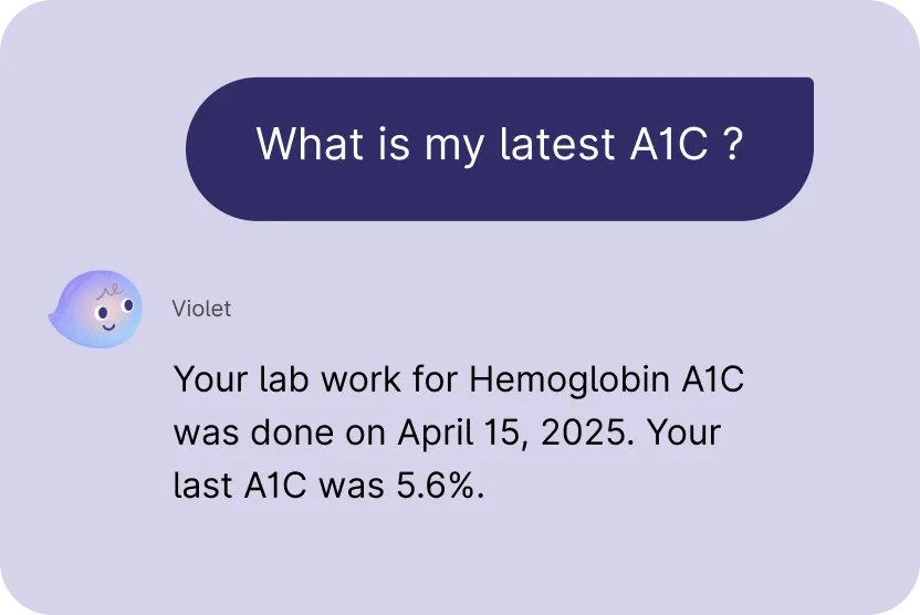 UI of chat conversation with Violet. On a light purple background.