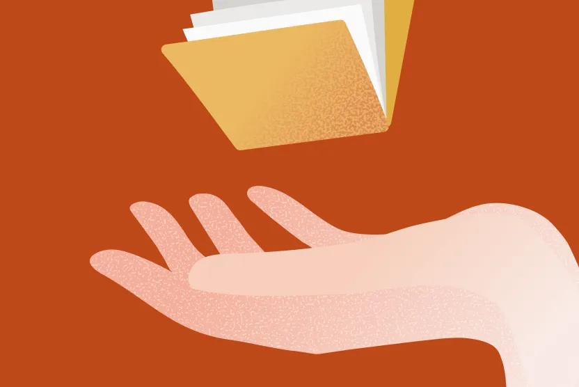 Illustration shows an open hand below a yellow folder full of white papers on a dark orange background