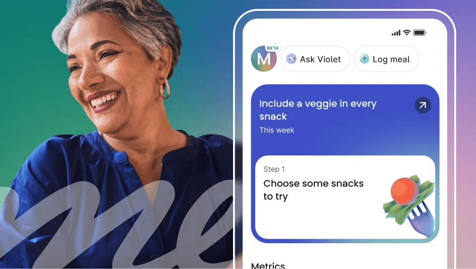 Woman smiling with Verily Me logo overlay next to  a personal health management screen.