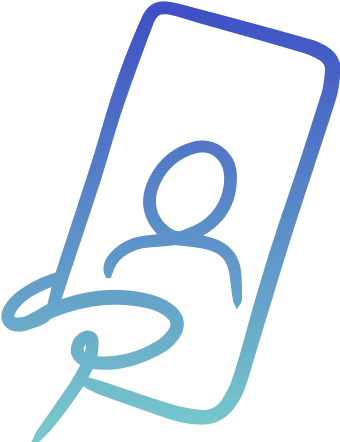 Illustration of a blue outline of a phone with a line drawing of a person on the phone screen.