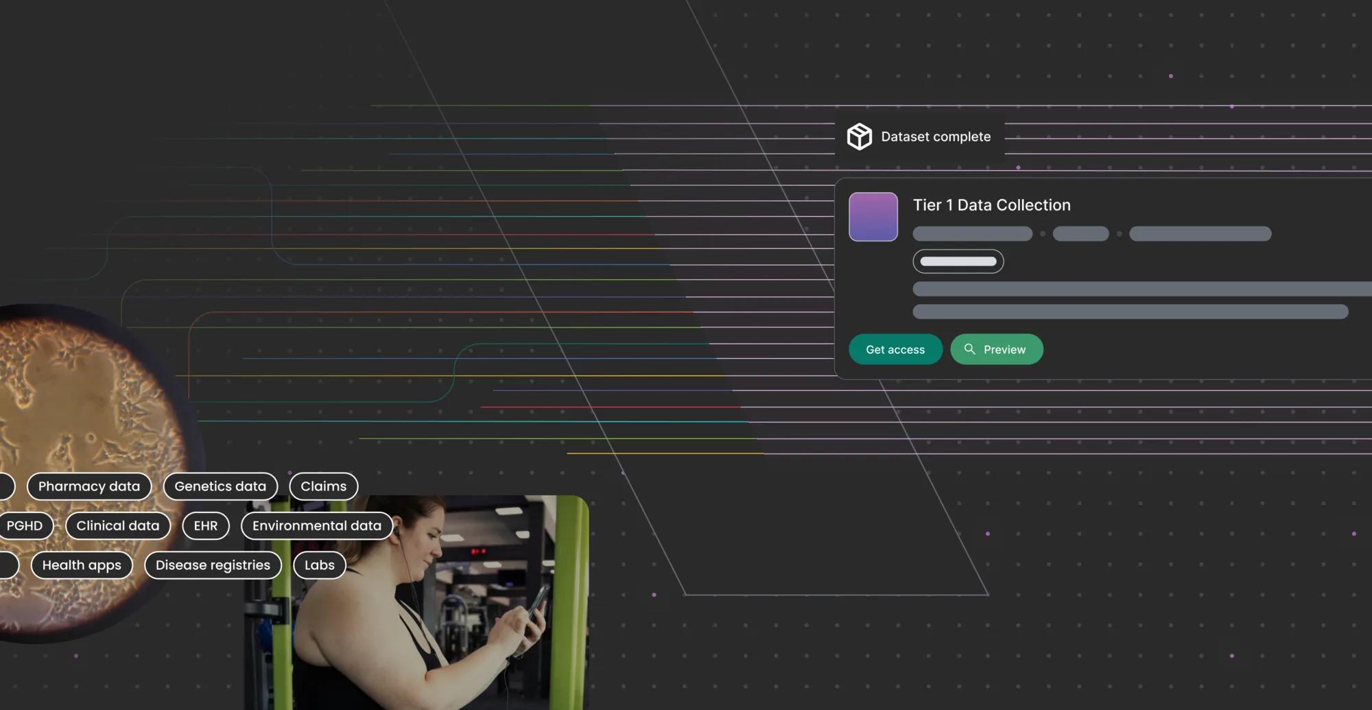 A woman in a gym tracks her health, surrounded by abstract visuals of data threads and datasets, with the Refinery.