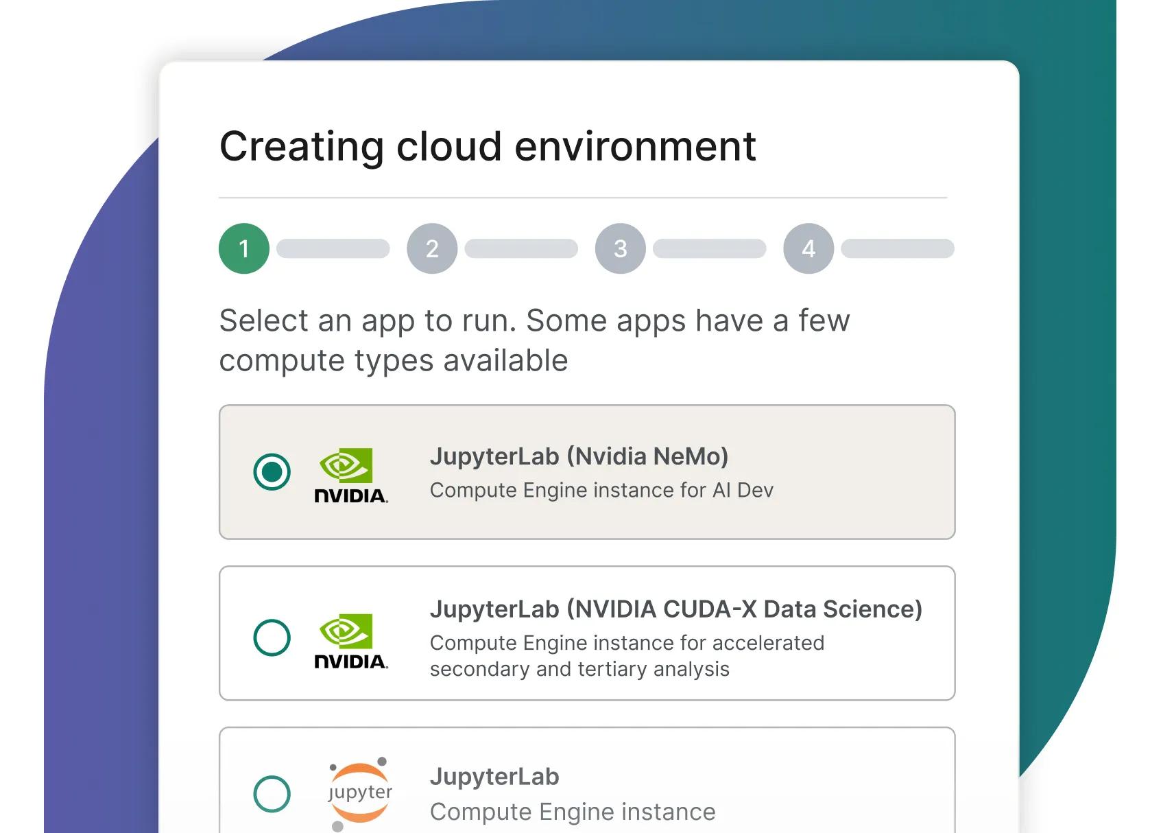 Convenient access to cloud apps pre-configured with NVIDIA NeMo, NVIDIA Parabricks and NVIDIA CUDA-X Data Science.