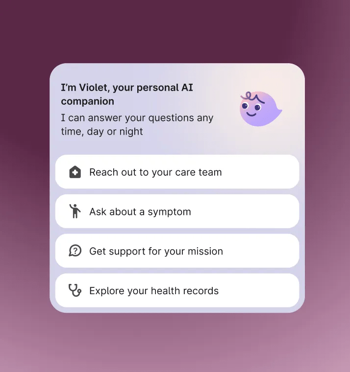 In-app module with Violet gives members the option to reach out to the care team, ask about a symptom, get support for a mission, or explore health records.