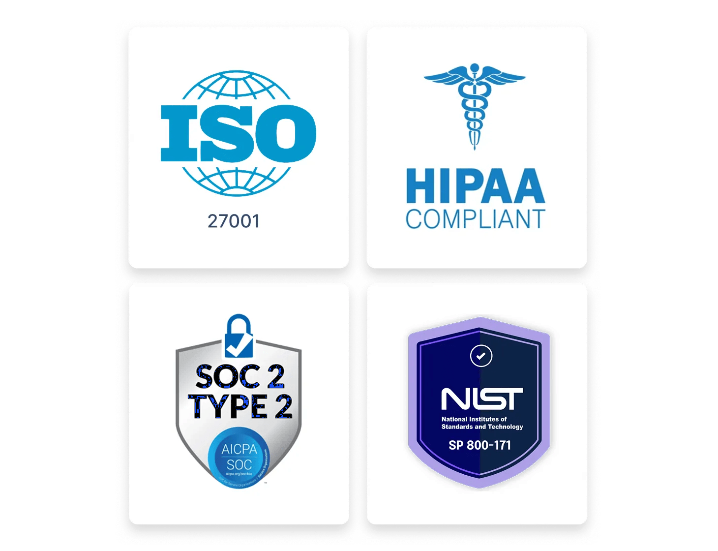 A collection of compliance and security badges: ISO 27001, HIPAA, GDPR, SOC 2 Type 2, and NIST SP 800-171.