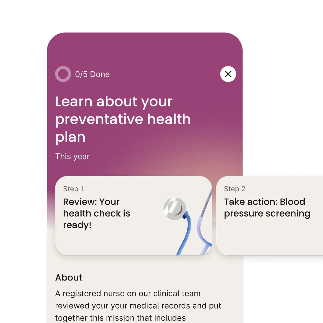 Simulated view of a licensed clinician-provided, preventive care recommendation within the Verily Me app.