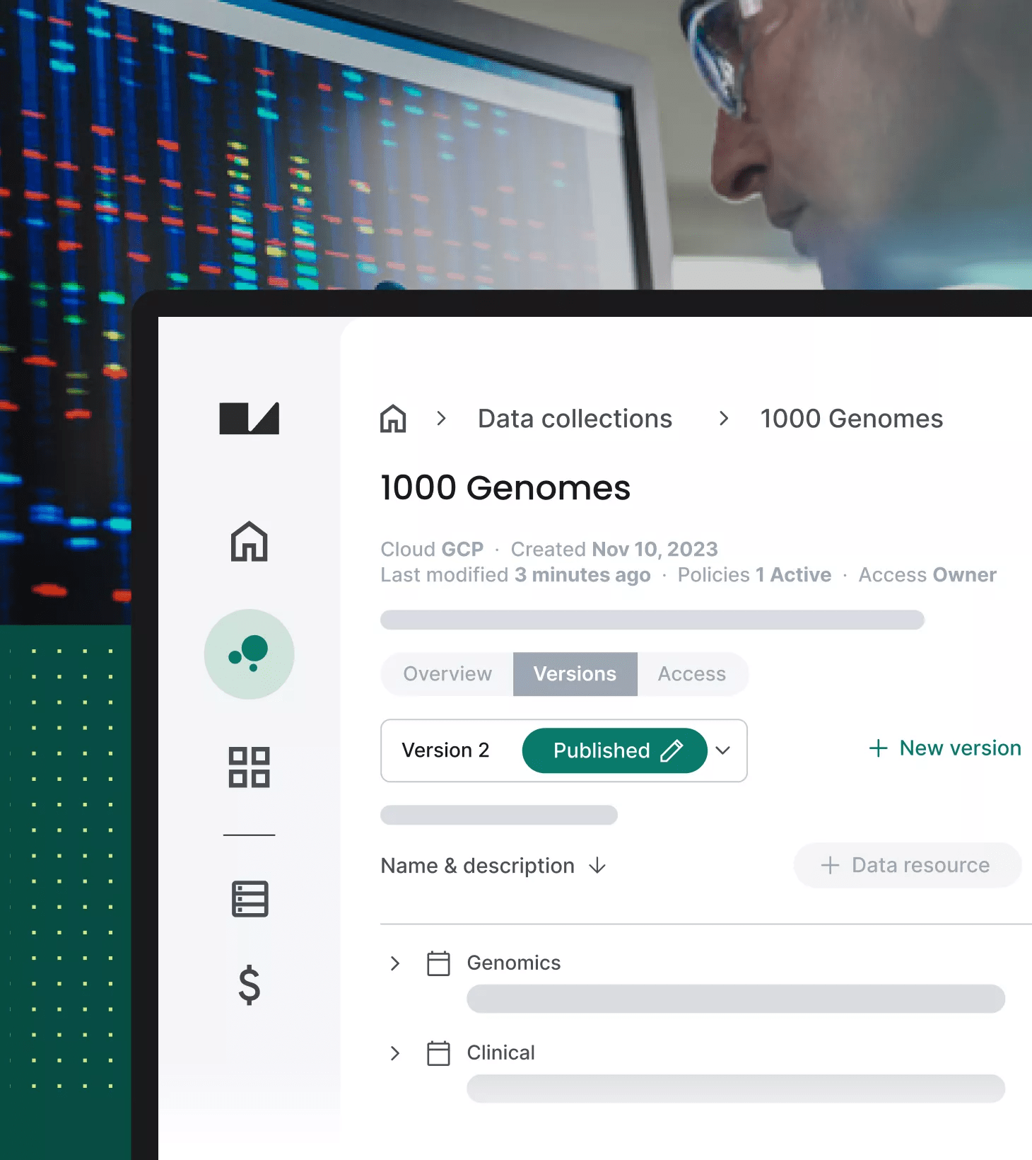 Collage of genomics researcher or computational biologist analyzing data and simulated view of Workbench collaborative research platform.