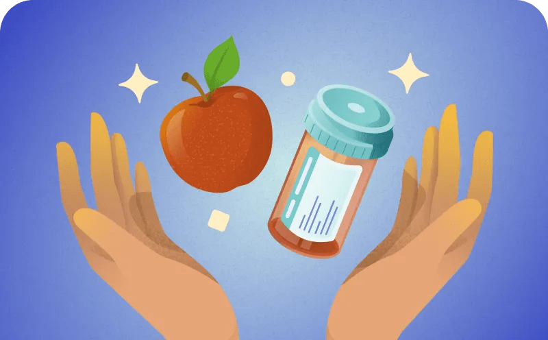 catching apple and tablets in hands