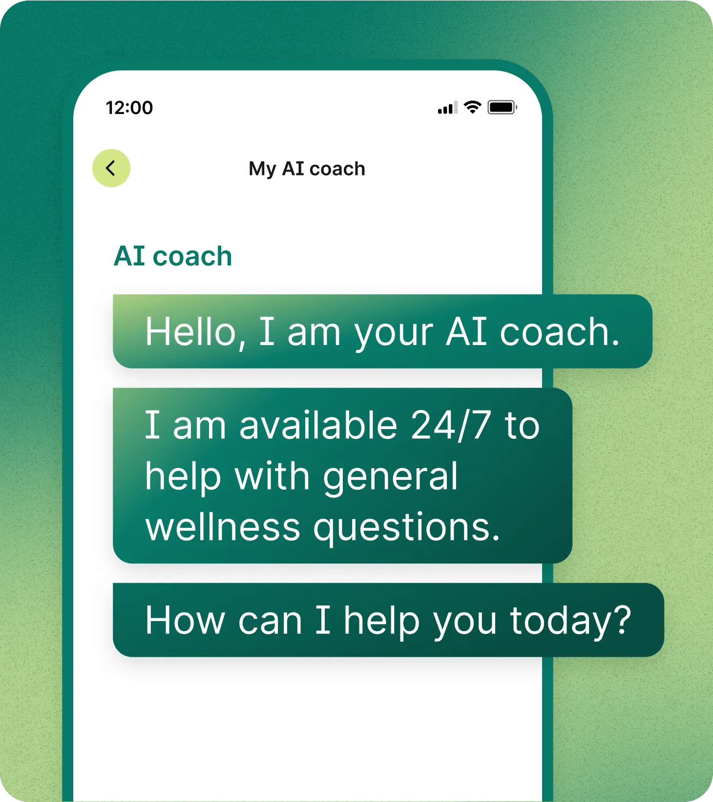 Simulation of the Verily Lightpath AI coach asking a metabolic care program member if they have any general health questions.