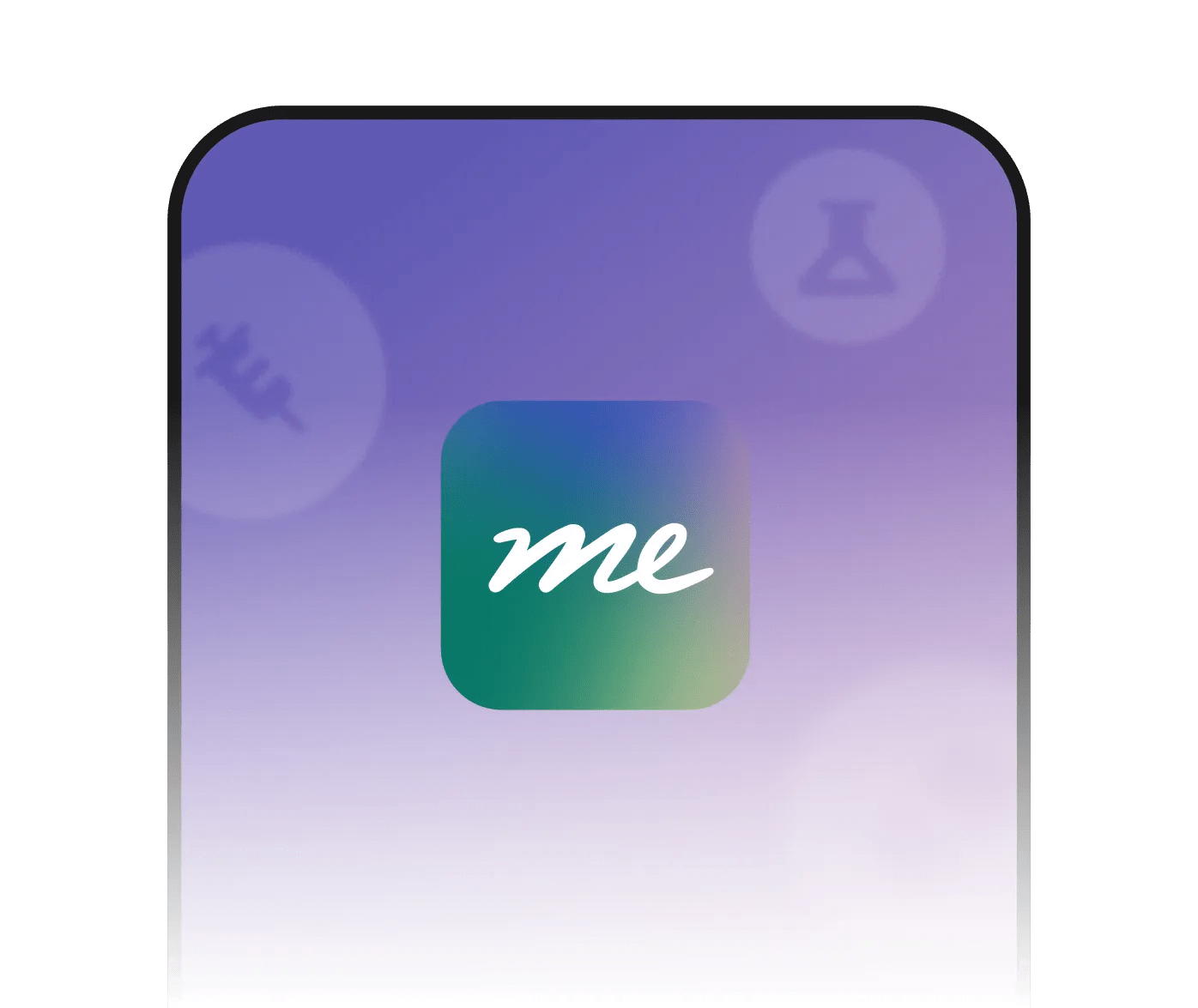Image of a phone with a purple gradient background with the Verily Me app logo with “me” script in the center.