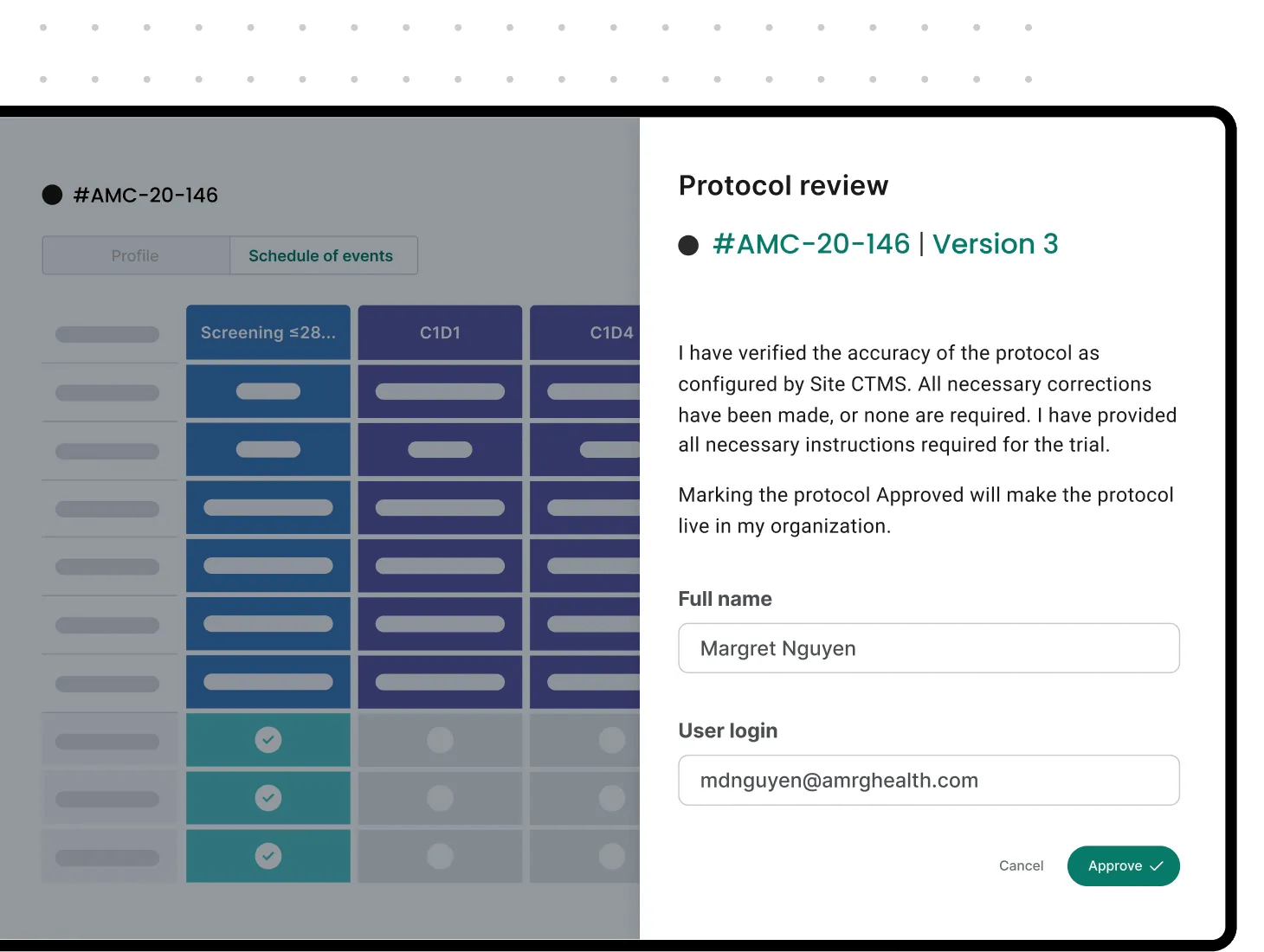 A simulated view of a pop up of a trial-activation milestone as part of the Site CMTS-integrated, Verily Viewpoint Study Startup solution.