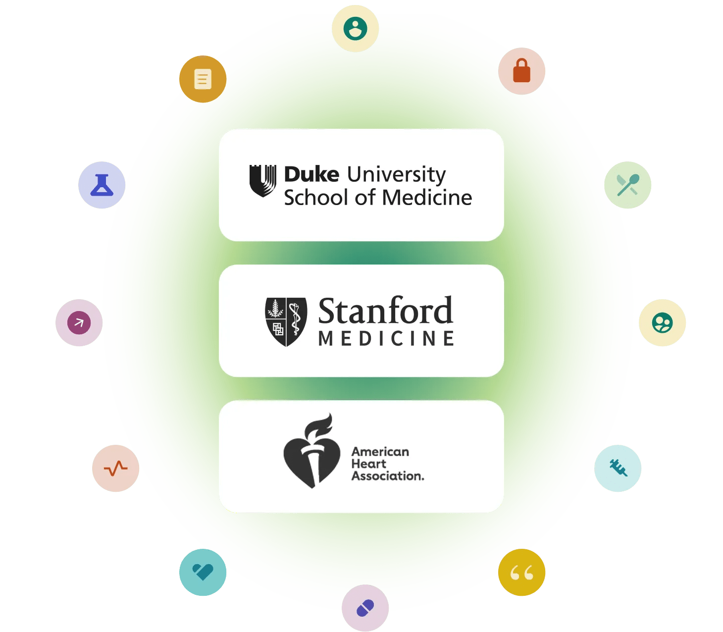 Green gradient background with logos from Verily partnerships on white blocks with healthcare icons surrounding.