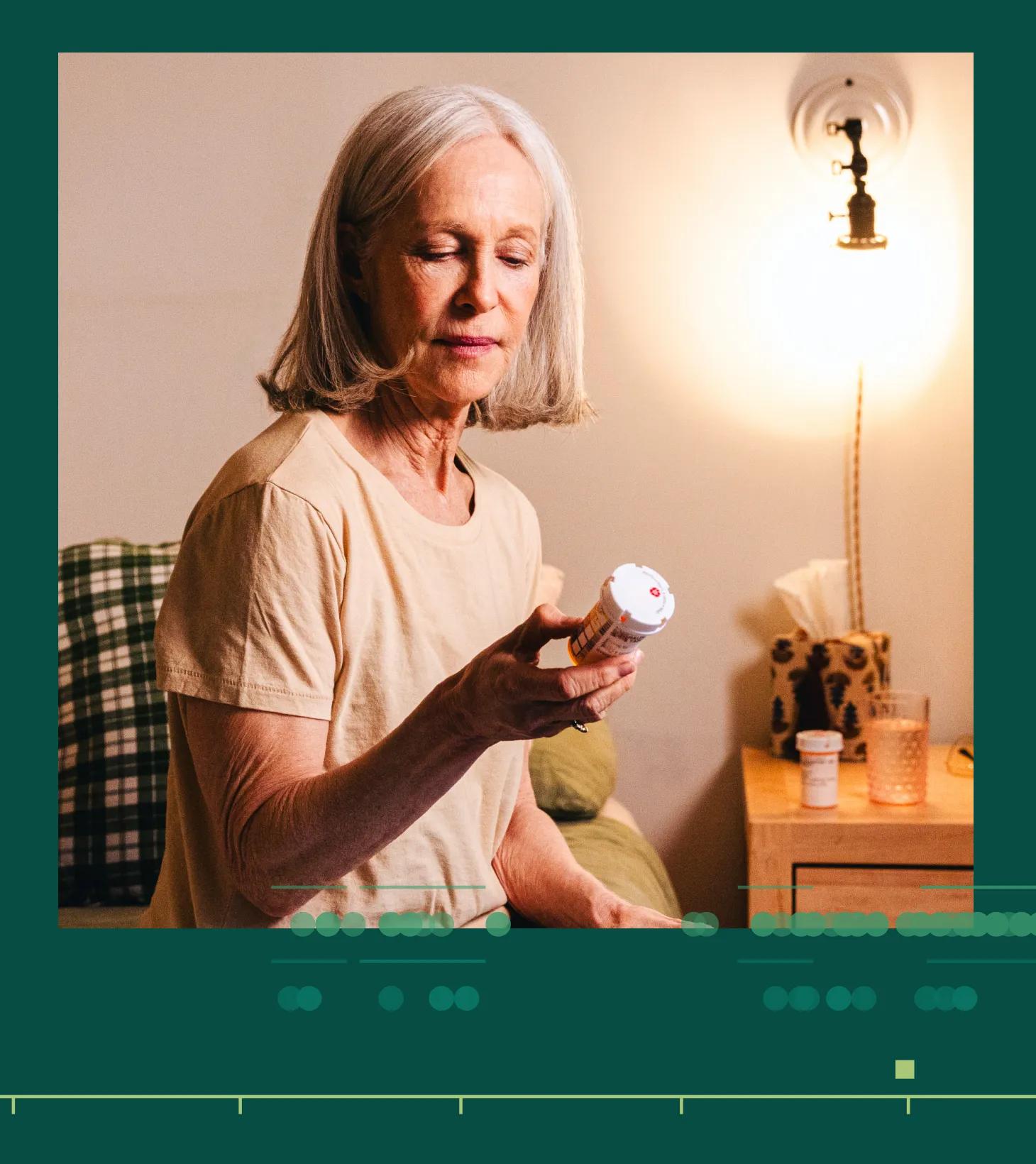 Collage of a woman viewing her medicine and examples of health data sources, such as medical claims.